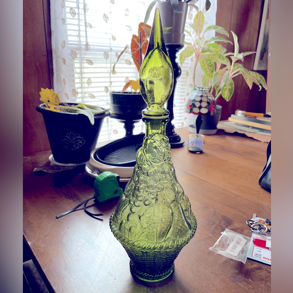 Empoli vintage green olive glass decanter